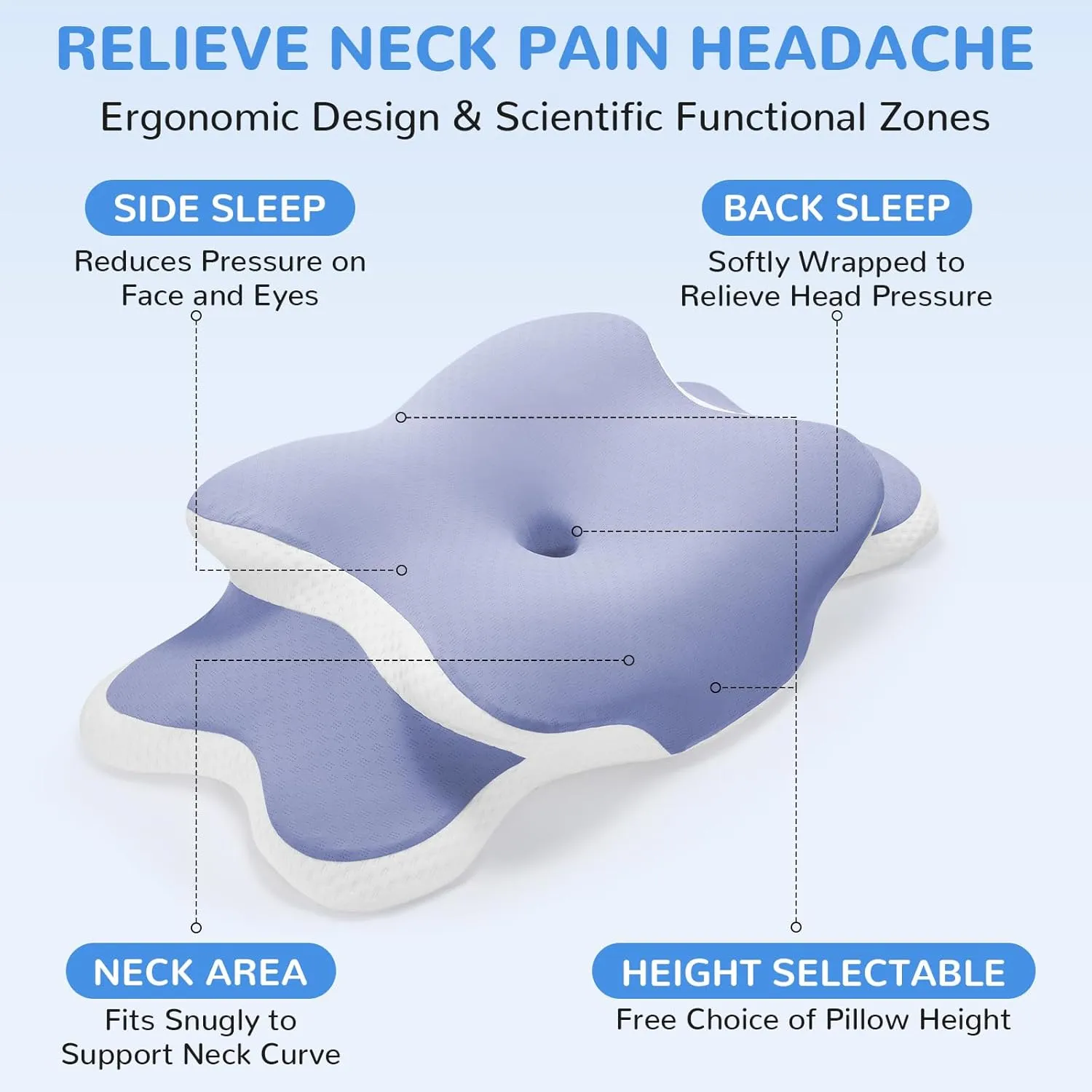 Neck Pain Relief Pillow - Ergonomic Cervical Support with Dual-Height Memory Foam & Cooling Ice Silk Cover for Side and Back Sleepers, Blue