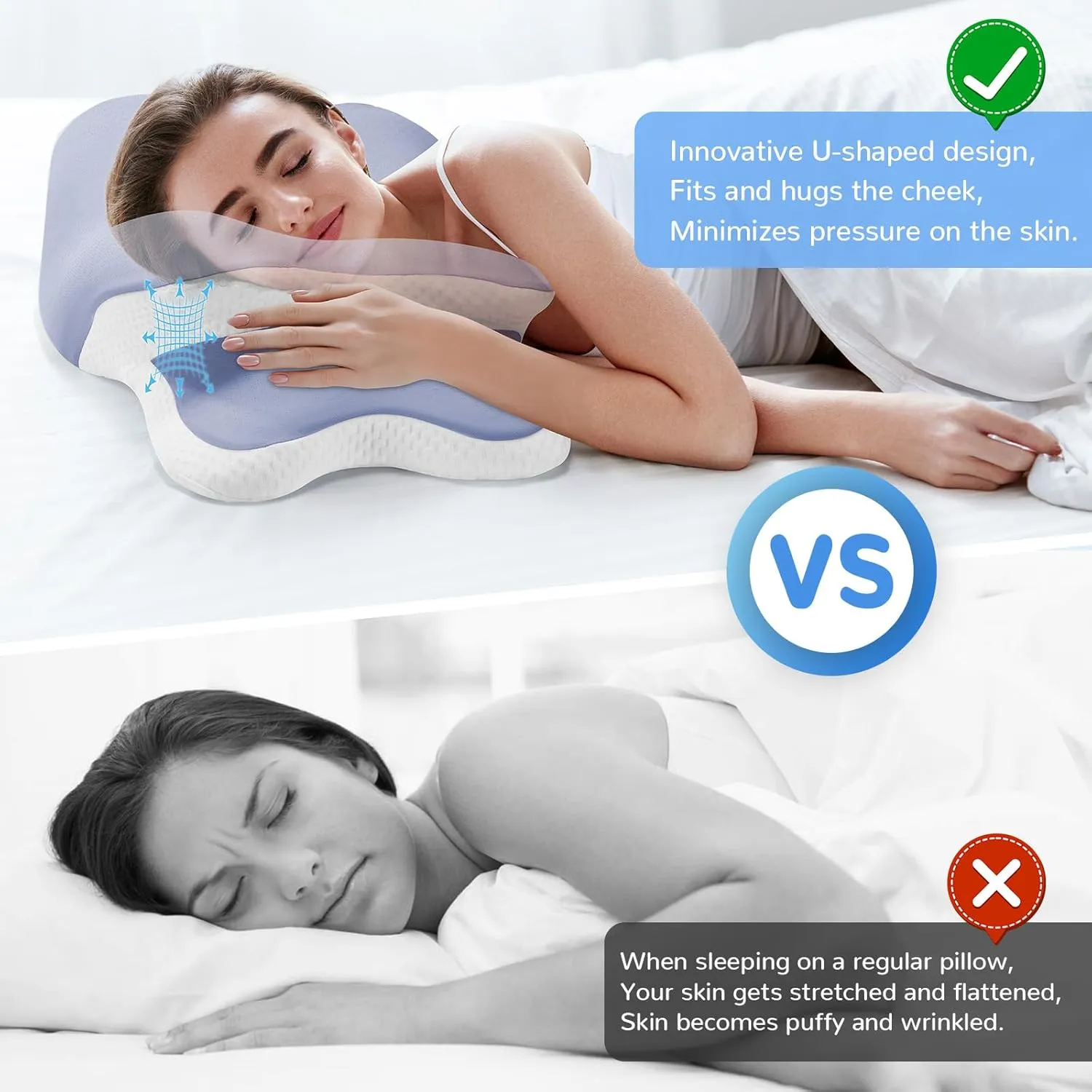 Neck Pain Relief Pillow - Ergonomic Cervical Support with Dual-Height Memory Foam & Cooling Ice Silk Cover for Side and Back Sleepers, Blue