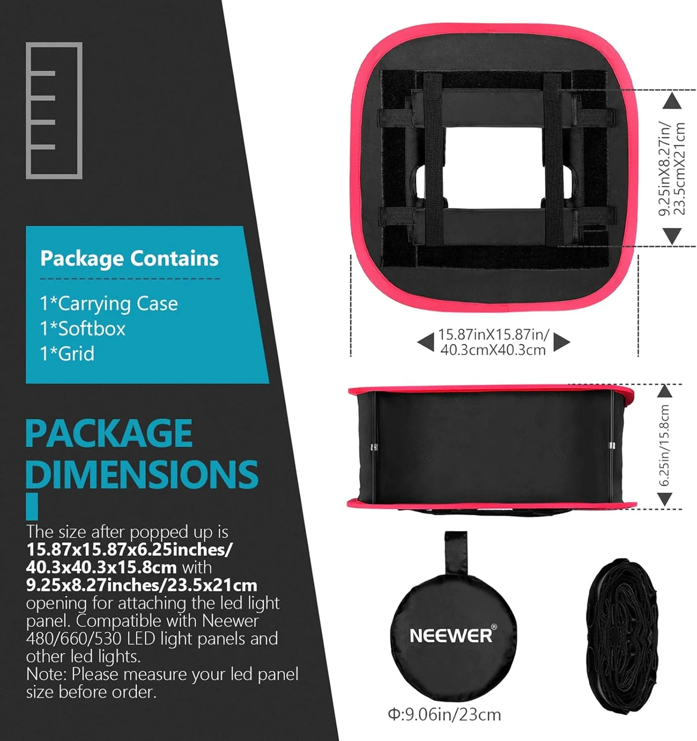 Neewer Foldable Softbox Light Box with Strap Clip, Grill and Carry Bag Compatible with Neewer 480/660/530 LED Light Panels, Opening 10 x 8.7 cm (Black   Red)