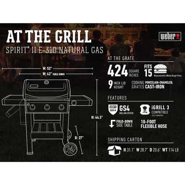 New in Box w/cover Weber Spirit II E-310 3-Burner Natural Gas BBQ, Black! Retails $930 w/tx