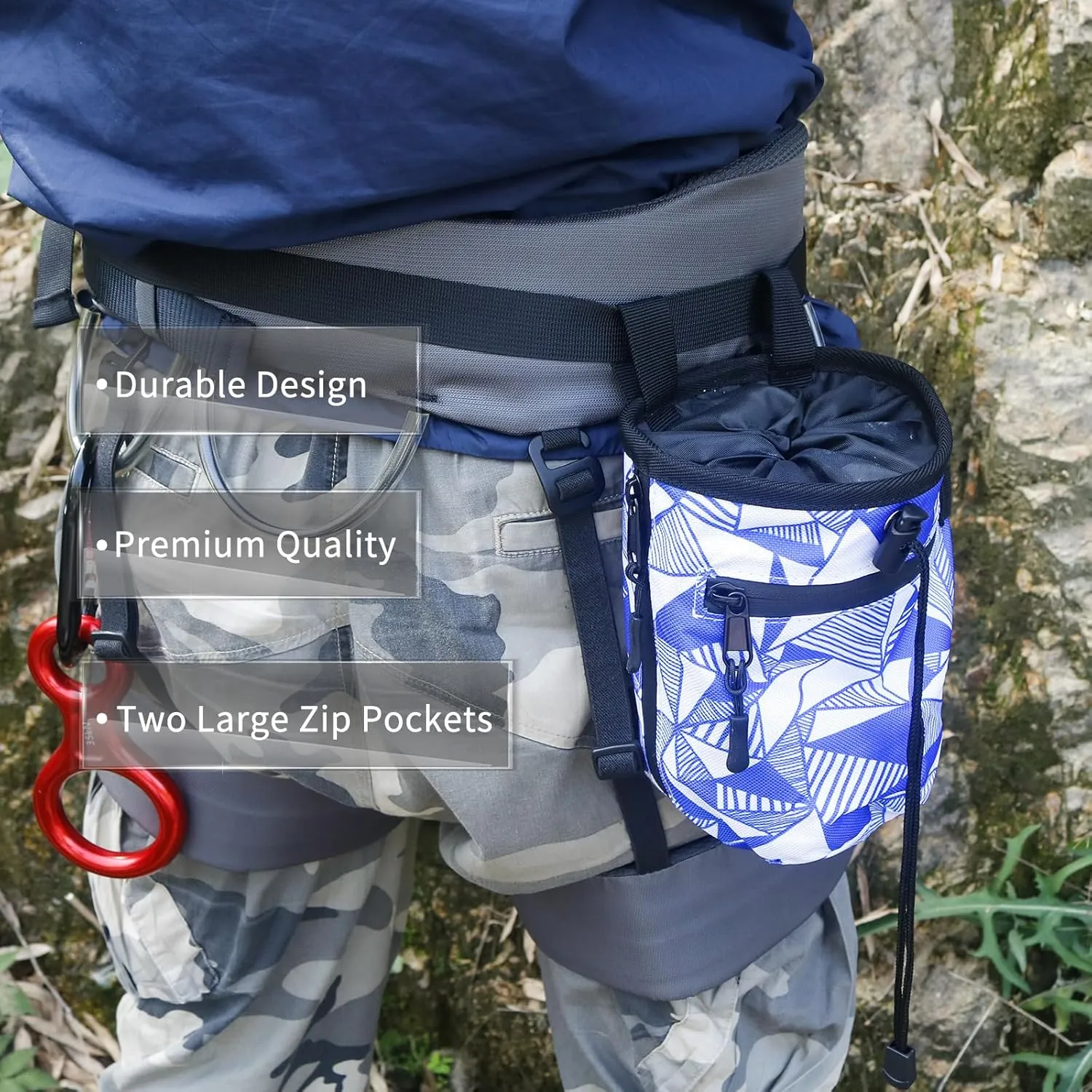 NewDoar Chalk Bag for Rock Climbing - Bouldering Chalk Bag Bucket with Quick-Clip Belt and 2 Large Zippered Pockets - Rock Climbing Gear Equipment