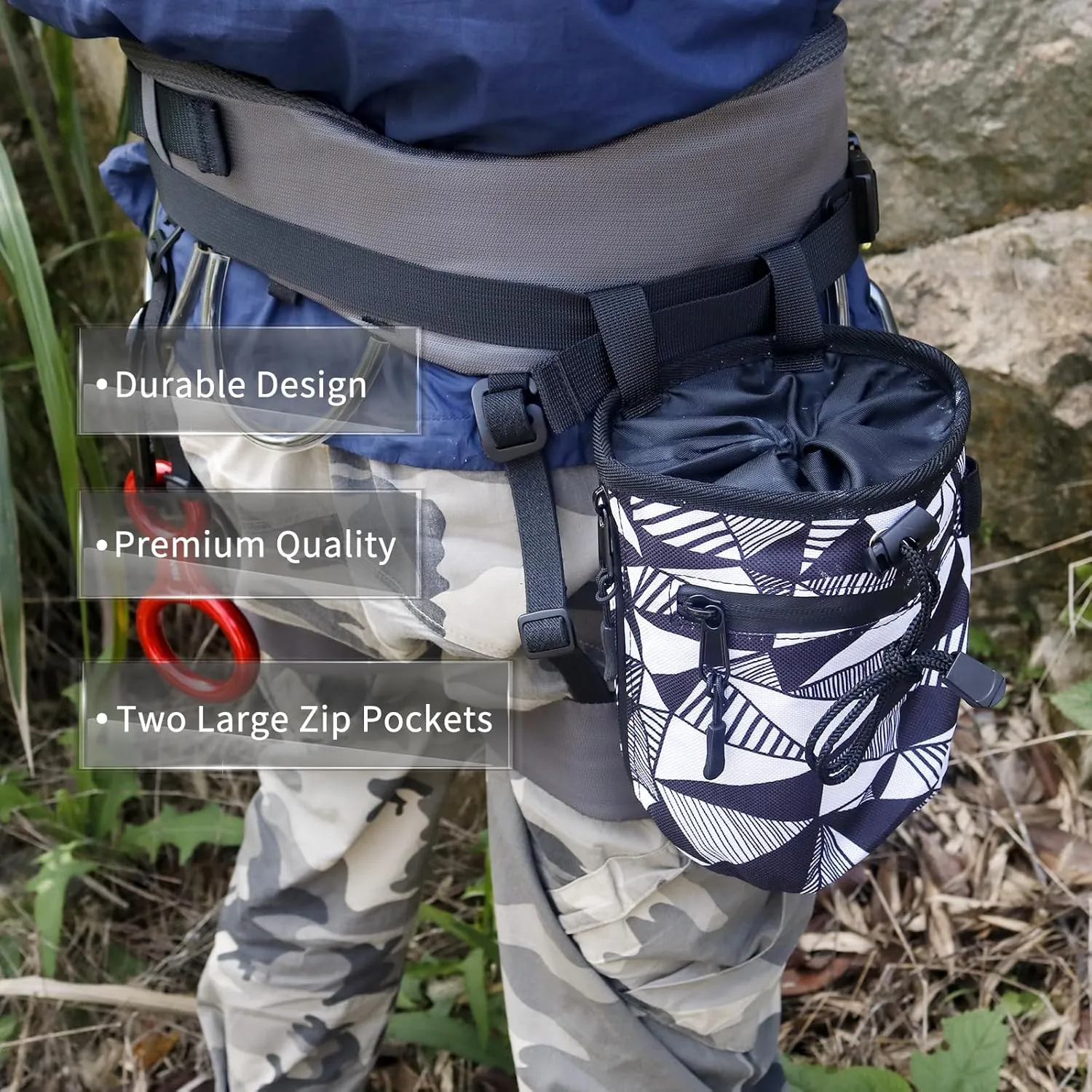 NewDoar Chalk Bag for Rock Climbing - Bouldering Chalk Bag Bucket with Quick-Clip Belt and 2 Large Zippered Pockets - Rock Climbing Gear Equipment