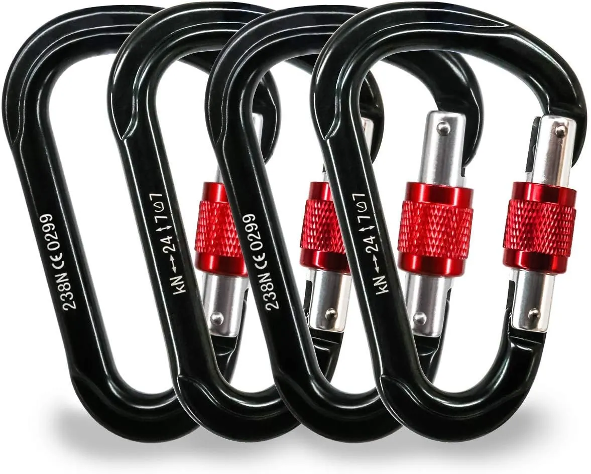 NewDoar Heavy Duty Locking Clips 24KN/5400lbs,Screwgate Locking for Keychain Dog Leashes&Harness, Heavy Duty for Camping, Hiking, Swing, Hammock(Pear Shape Black 4Pcs)