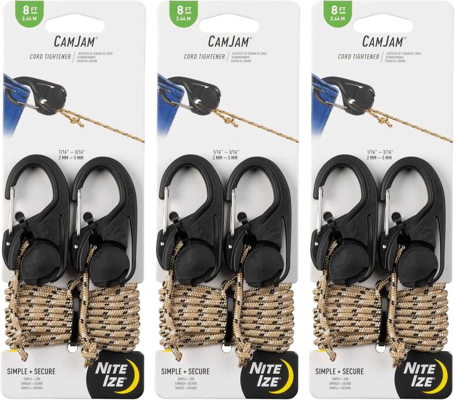 Nite Ize CamJam Cord Tightener with 8 Foot Rope - 6 Count (3 Pack)