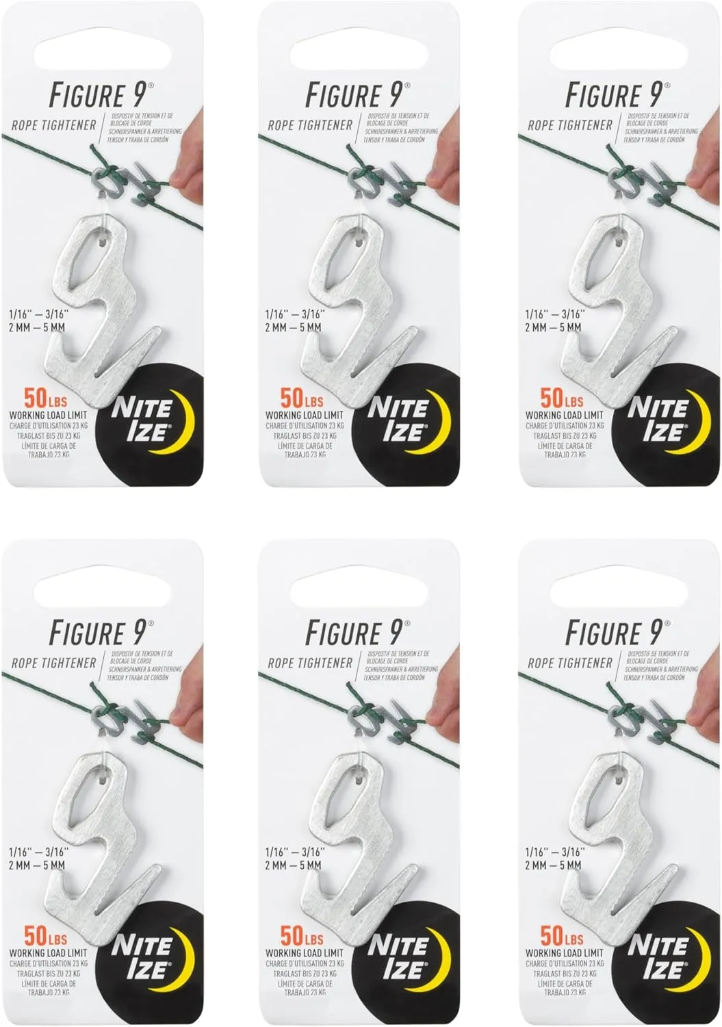 Nite Ize Figure 9 Rope Tightener - Aluminum Cord Tensioner - Camping Essentials & Hiking Must-Haves - Car Accessory with Laser-Engraved Instructions - Small (6 Pack)