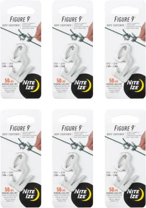 Nite Ize Figure 9 Rope Tightener - Aluminum Cord Tensioner - Camping Essentials & Hiking Must-Haves - Car Accessory with Laser-Engraved Instructions - Small (6 Pack)