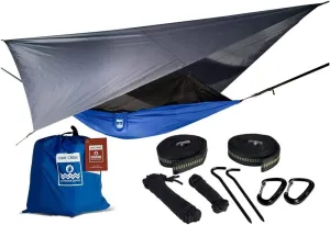 Oak Creek Lost Valley Camping Hammock. Bundle Includes Mosquito Net, Rain Fly, Tree Straps, Compression Sack. Weighs Four Pounds, Perfect for Camping. Lightweight Nylon Single Hammock. Blue and Gray