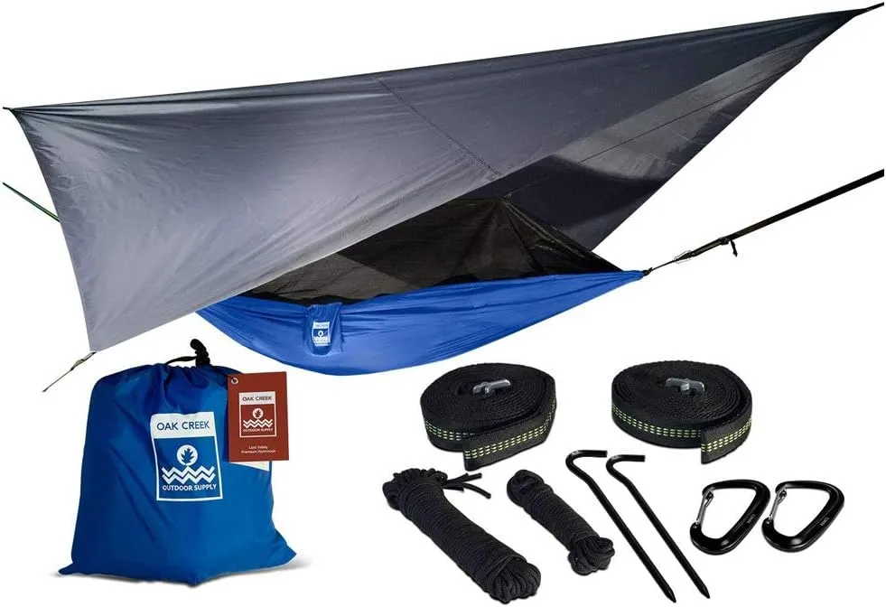 Oak Creek Lost Valley Camping Hammock. Bundle Includes Mosquito Net, Rain Fly, Tree Straps, Compression Sack. Weighs Four Pounds, Perfect for Camping. Lightweight Nylon Single Hammock. Blue and Gray