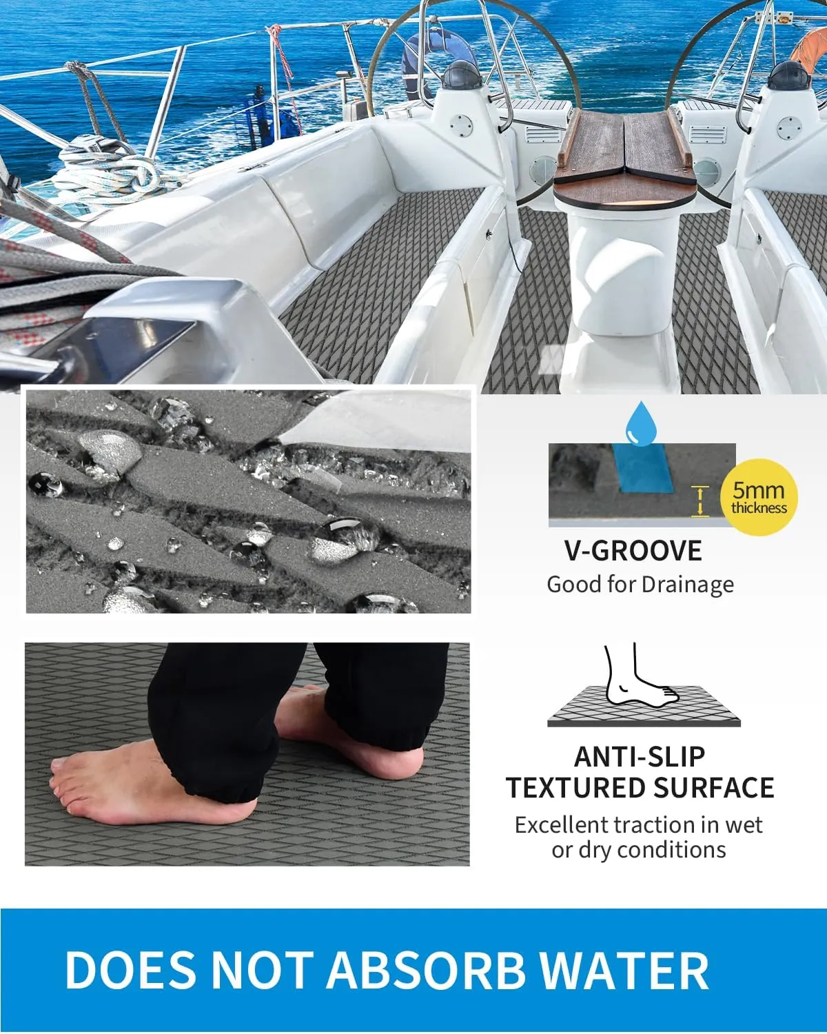 OCEANBROAD Self-Adhesive 15inx10in x 4/8 Pieces Non-Slip Traction Pad EVA Foam Trimmable Deck Sheet for Surfboard SUP Board Kayak Canoe, Black/Blue/White/Gray