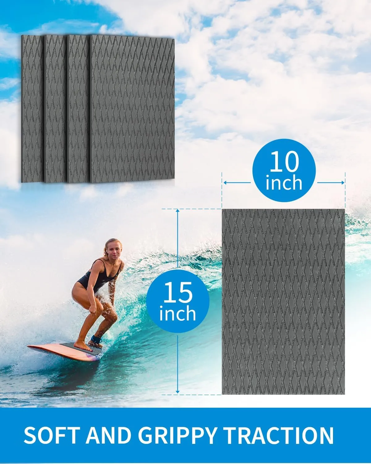OCEANBROAD Self-Adhesive 15inx10in x 4/8 Pieces Non-Slip Traction Pad EVA Foam Trimmable Deck Sheet for Surfboard SUP Board Kayak Canoe, Black/Blue/White/Gray