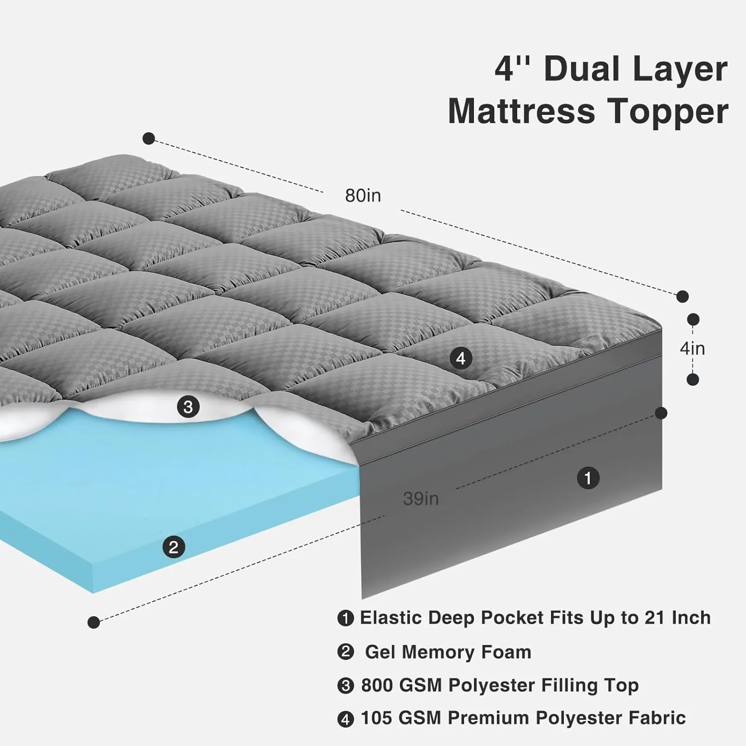 OLANLY Dual-Layer 4 Inch Twin XL Size Memory Foam Mattress Topper for Back Pain, 2 Inch Cooling Pillow Top Mattress Pad Cover and 2 Inch Gel Memory Foam Topper, Deep Elastic Pocket, Gray
