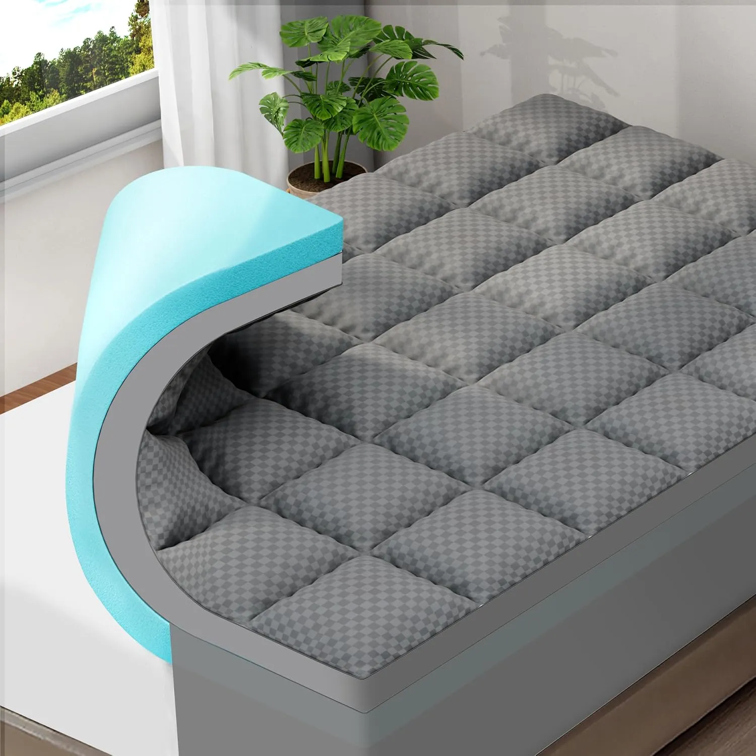 OLANLY Dual-Layer 4 Inch Twin XL Size Memory Foam Mattress Topper for Back Pain, 2 Inch Cooling Pillow Top Mattress Pad Cover and 2 Inch Gel Memory Foam Topper, Deep Elastic Pocket, Gray