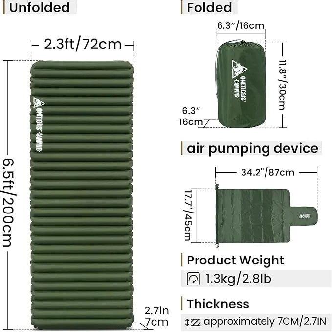 OneTigris Jade Sleeping Pad for Camping, 2.8 R-Value, 3 Season 72cm Extra-Wide Inflatable Backpacking Hiking Motorcycling Sleeping Mat Air Bed with Patch-up Kit