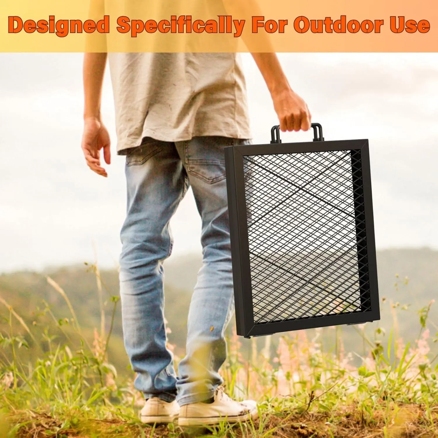 only fire Foldable X-Marks Fire Pit Cooking Grate, Portable Rectangle Campfire Grill Grate with Handles, Heavy Duty Steel Campfire BBQ Grill for Outdoor, 32 inch, 36 inch