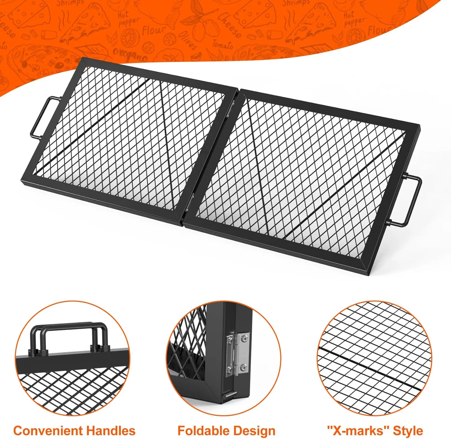 only fire Foldable X-Marks Fire Pit Cooking Grate, Portable Rectangle Campfire Grill Grate with Handles, Heavy Duty Steel Campfire BBQ Grill for Outdoor, 32 inch, 36 inch