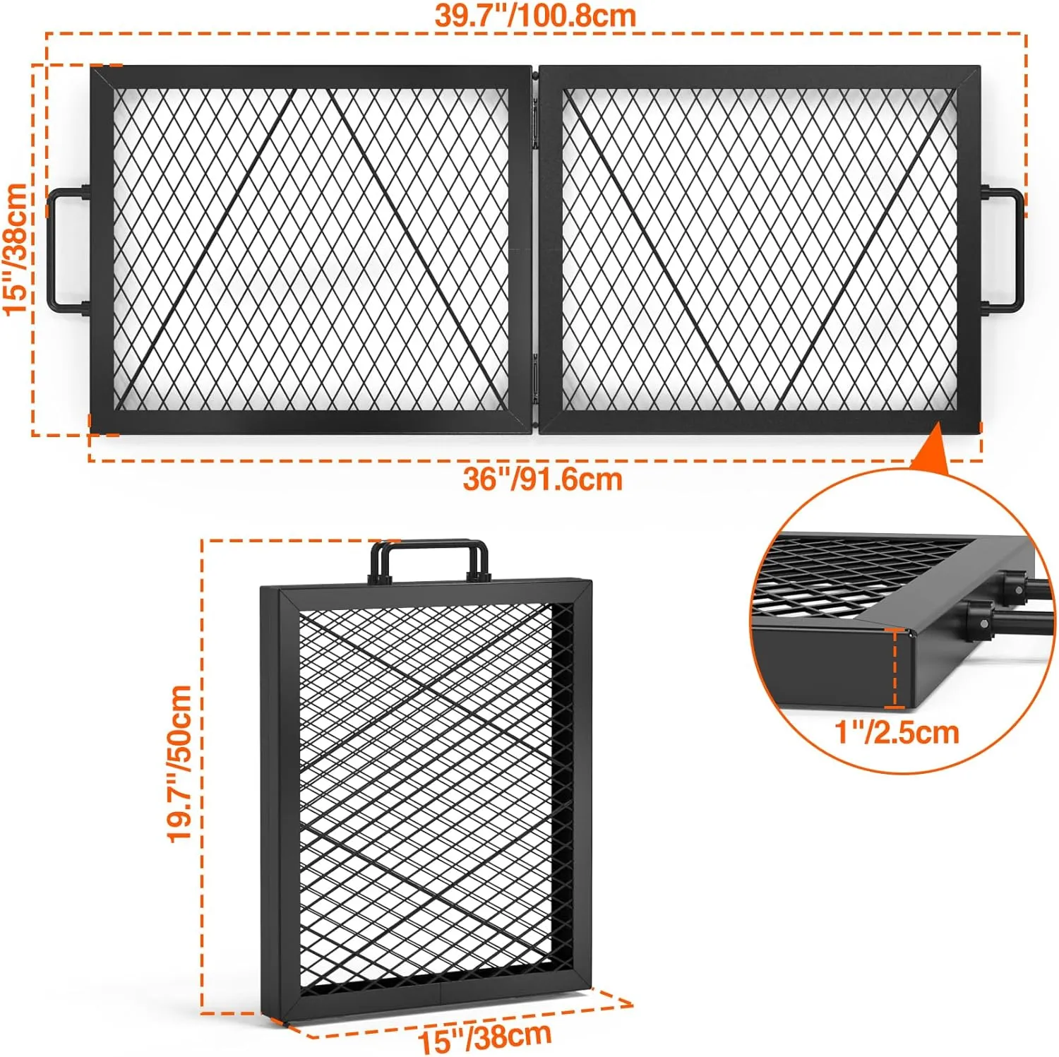 only fire Foldable X-Marks Fire Pit Cooking Grate, Portable Rectangle Campfire Grill Grate with Handles, Heavy Duty Steel Campfire BBQ Grill for Outdoor, 32 inch, 36 inch