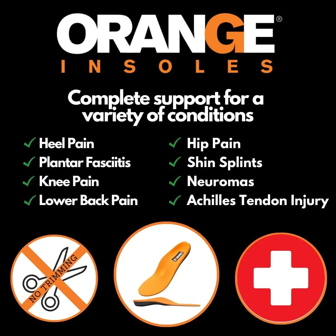 Orange Full Length B Fits Men's Shoe 5-5.5, Women's 6.5-7 Uses a Heel Cup, Contoured Medial Arch, and Metatarsal pad to Help with Better Alignment and Weight Distribution