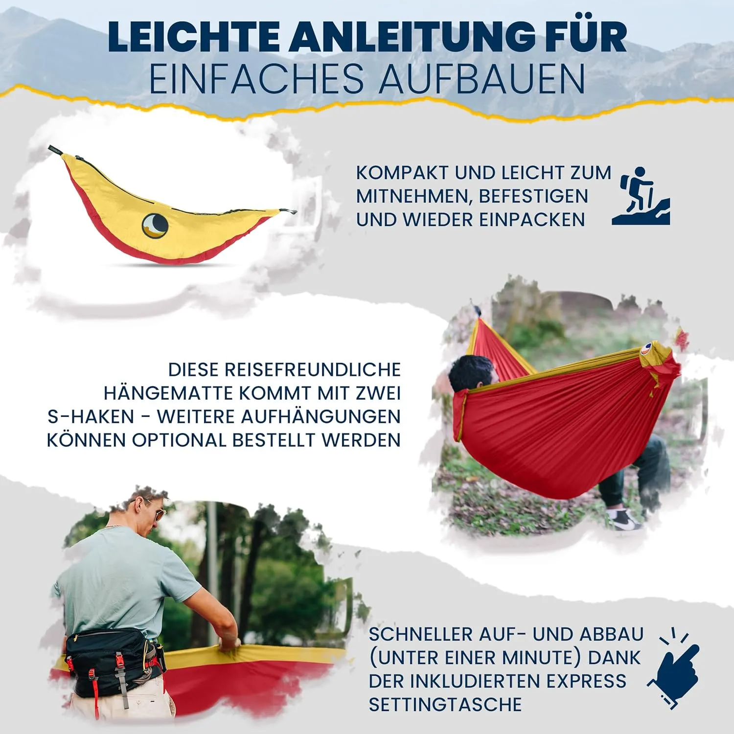 Original 1 to 2 Person Lightweight Camping Hammock - Fair Trade & Handmade Portable Hammock for Traveling, Camping, Parachute Silk Nylon, Set-Up < 1 min - Burgundy/Dark Yellow