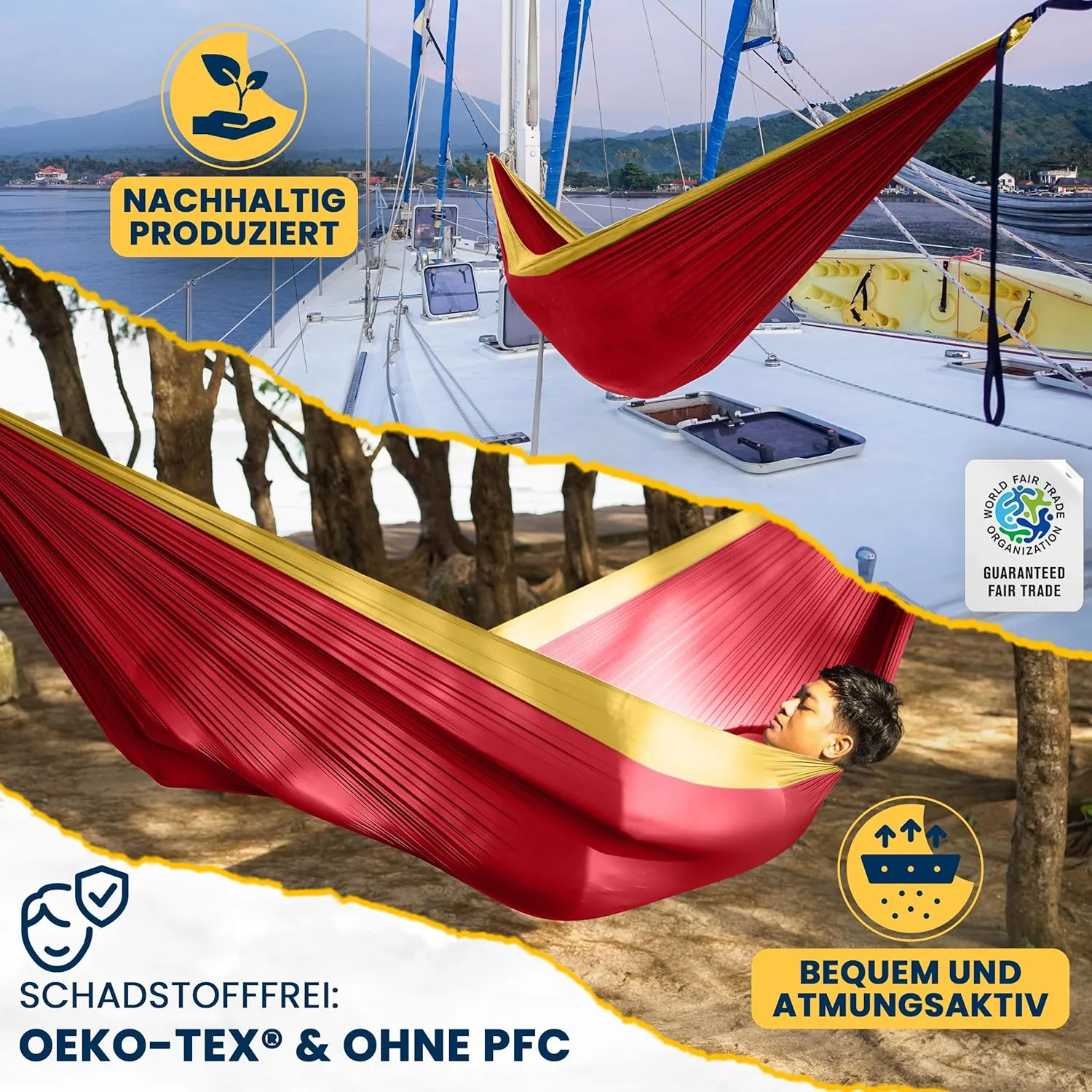 Original 1 to 2 Person Lightweight Camping Hammock - Fair Trade & Handmade Portable Hammock for Traveling, Camping, Parachute Silk Nylon, Set-Up < 1 min - Burgundy/Dark Yellow
