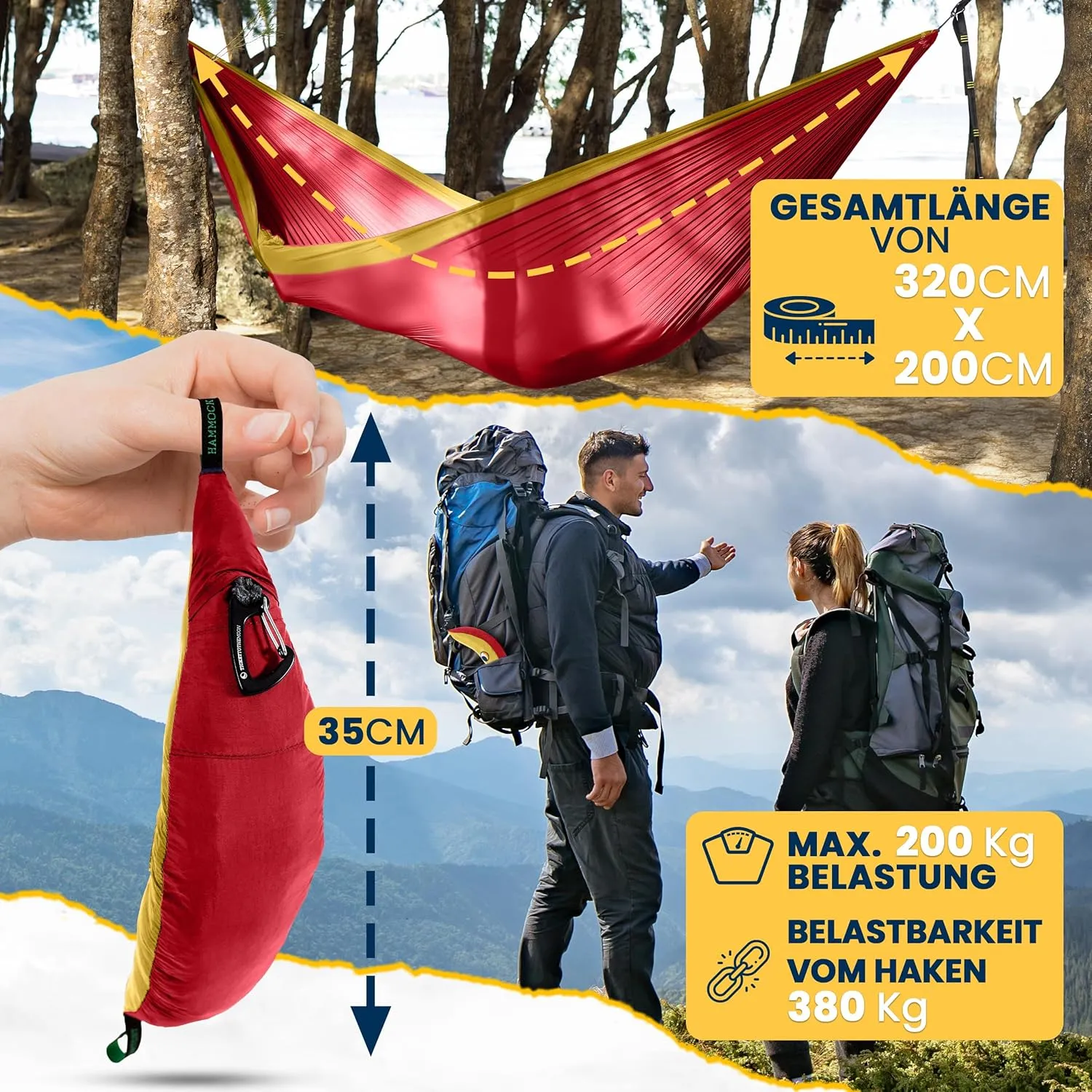 Original 1 to 2 Person Lightweight Camping Hammock - Fair Trade & Handmade Portable Hammock for Traveling, Camping, Parachute Silk Nylon, Set-Up < 1 min - Burgundy/Dark Yellow