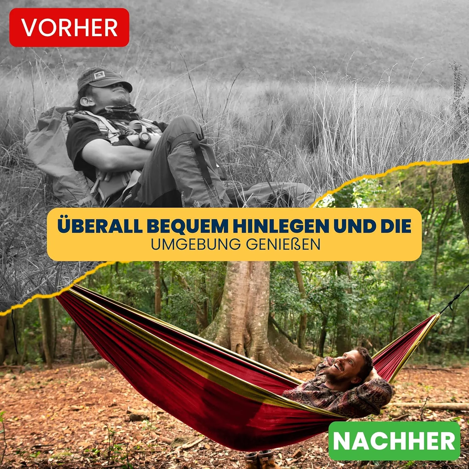 Original 1 to 2 Person Lightweight Camping Hammock - Fair Trade & Handmade Portable Hammock for Traveling, Camping, Parachute Silk Nylon, Set-Up < 1 min - Burgundy/Dark Yellow