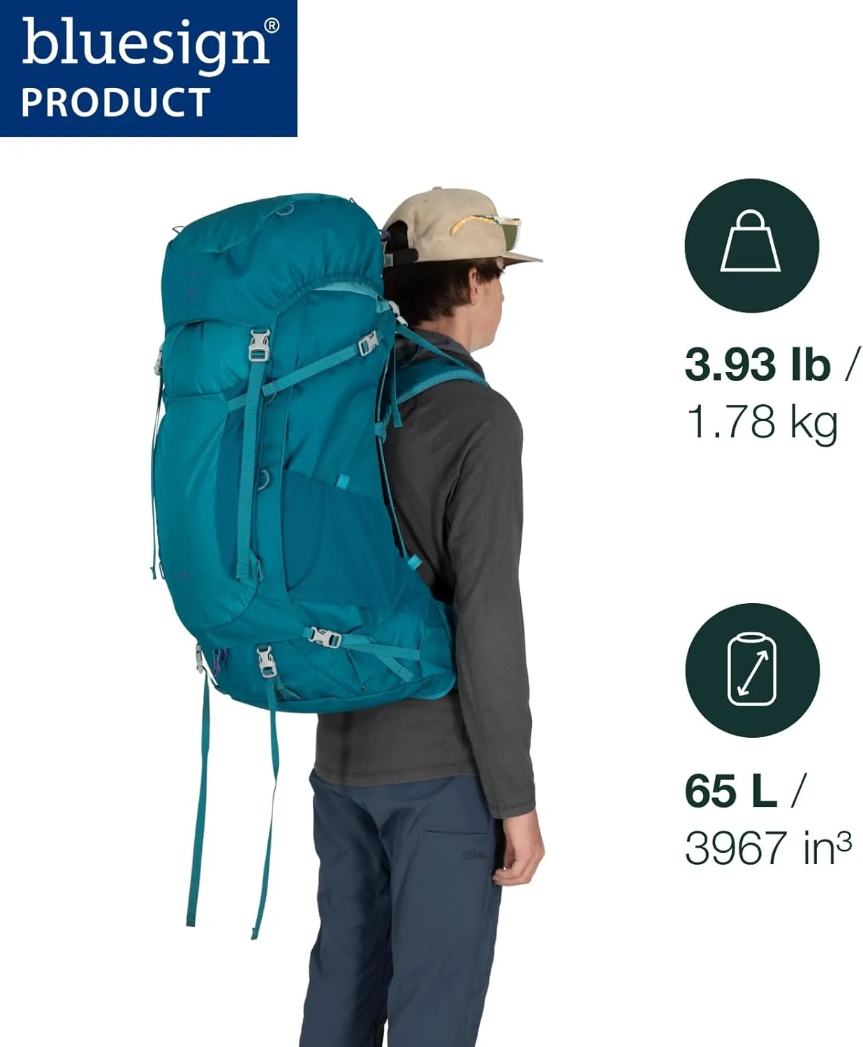 Osprey Ace 65L Kids' Backpacking Backpack, Blue Spikemoss/Deep Peyto