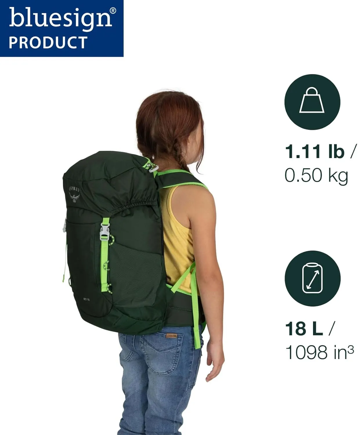 Osprey Jet 18L Kid's Hiking Backpack, Green Canopy