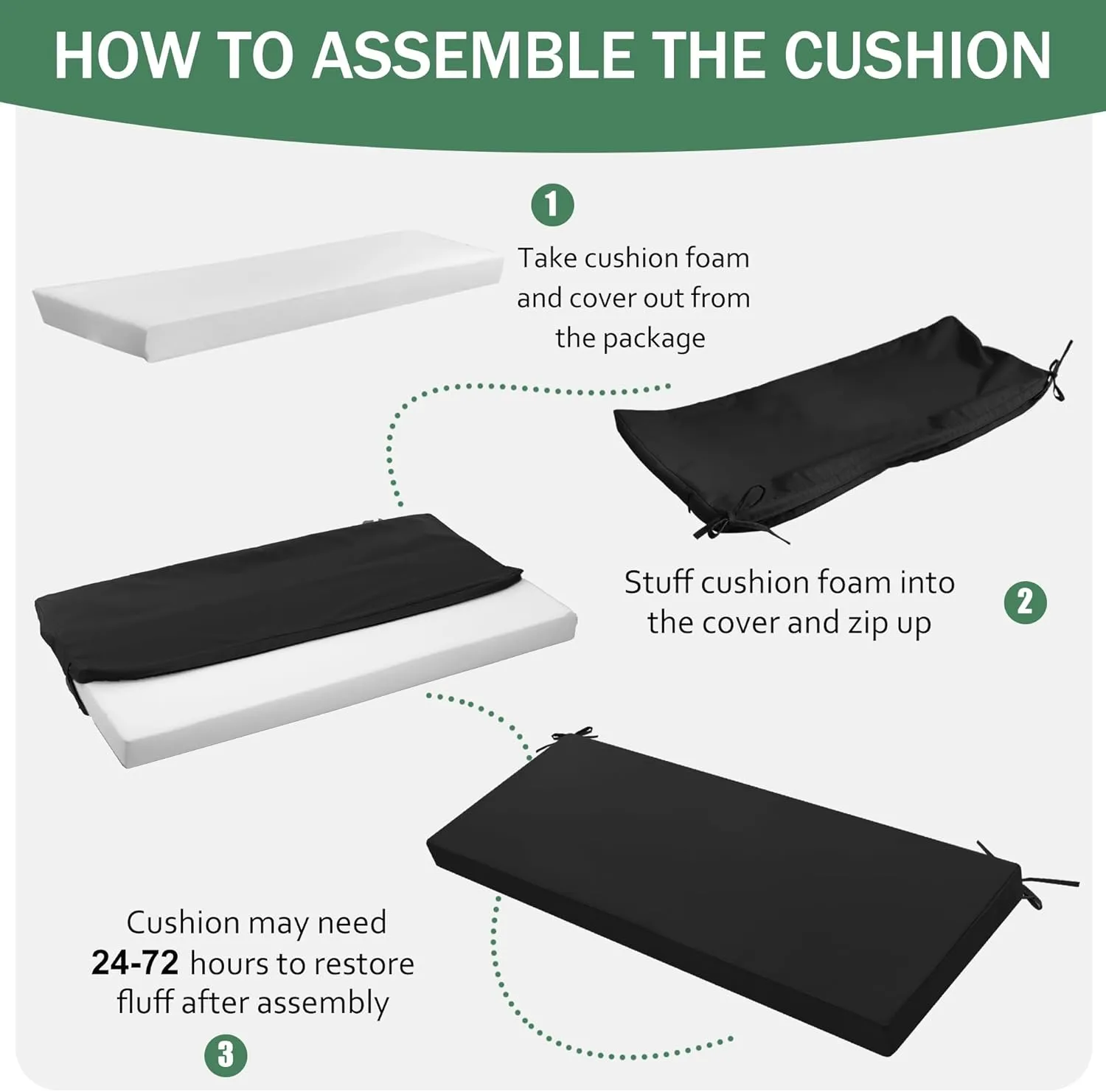 Outdoor Bench Cushion: Waterproof and Fade Resistant Patio Furniture Cushions - Non-Slip Bench Pad Cushion with Removable Cover for Garden Swing Porch Sofa Settee, 48 x 18 x 3 Inch, Black