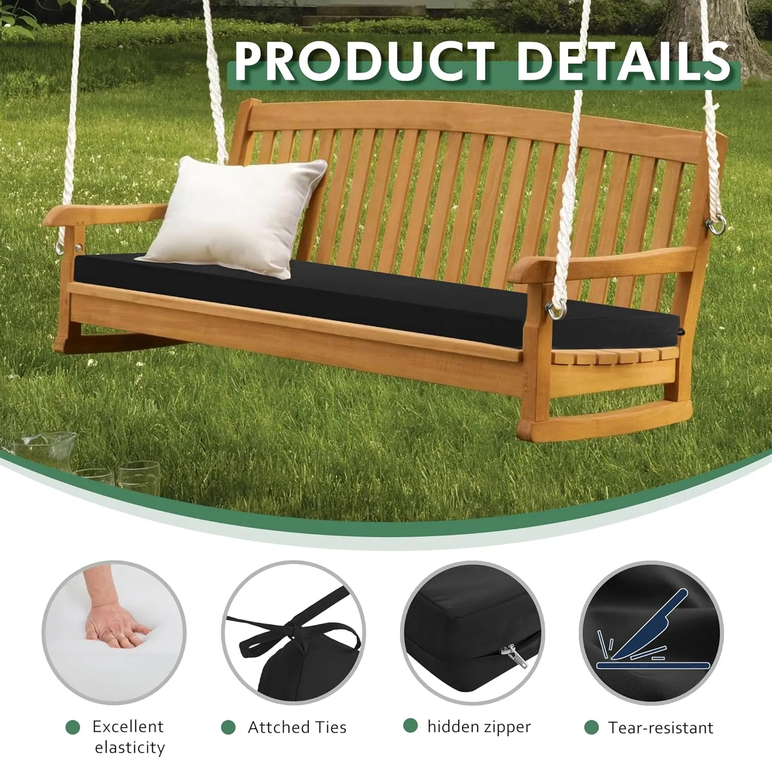 Outdoor Bench Cushion: Waterproof and Fade Resistant Patio Furniture Cushions - Non-Slip Bench Pad Cushion with Removable Cover for Garden Swing Porch Sofa Settee, 48 x 18 x 3 Inch, Black