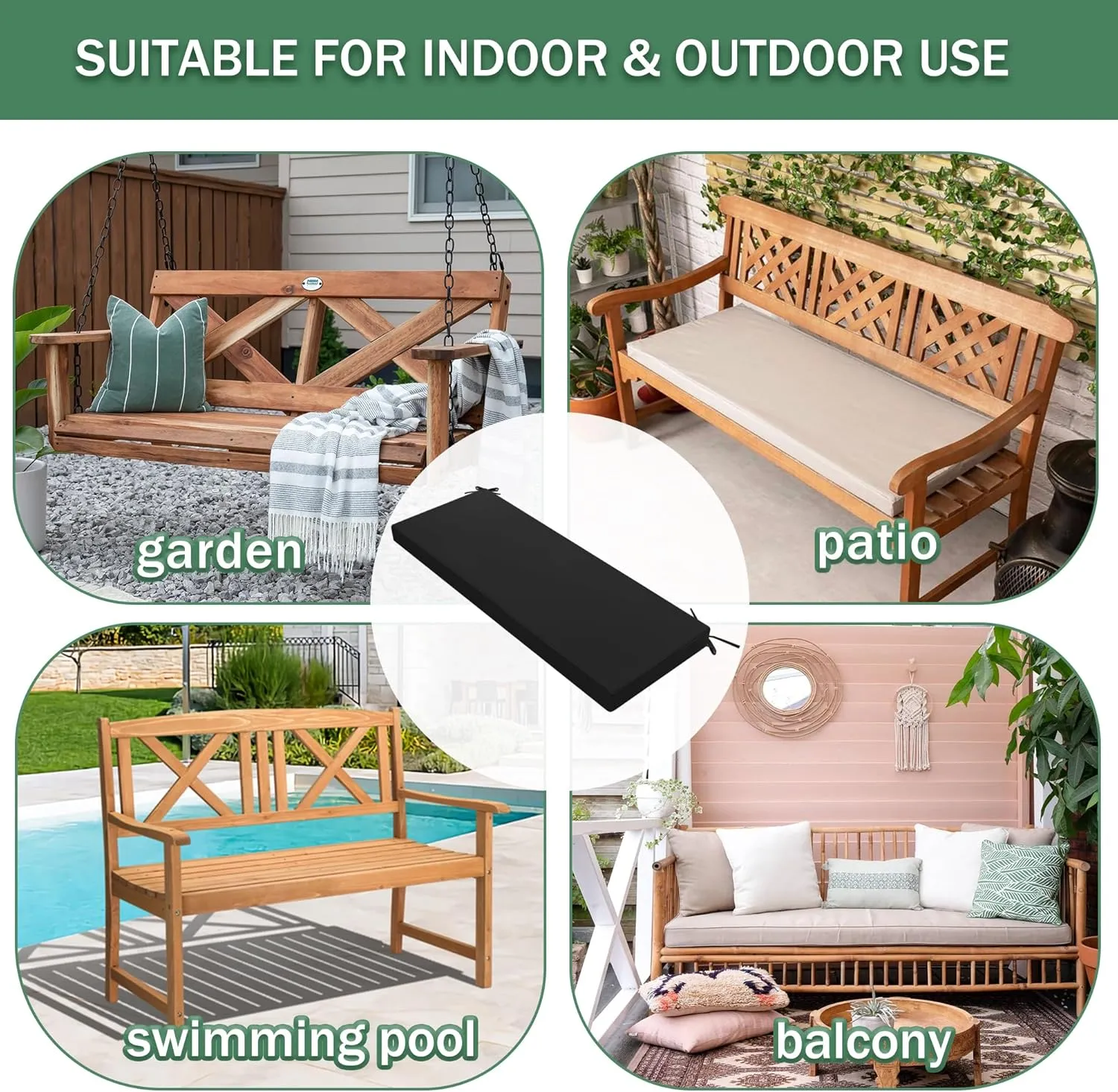 Outdoor Bench Cushion: Waterproof and Fade Resistant Patio Furniture Cushions - Non-Slip Bench Pad Cushion with Removable Cover for Garden Swing Porch Sofa Settee, 48 x 18 x 3 Inch, Black