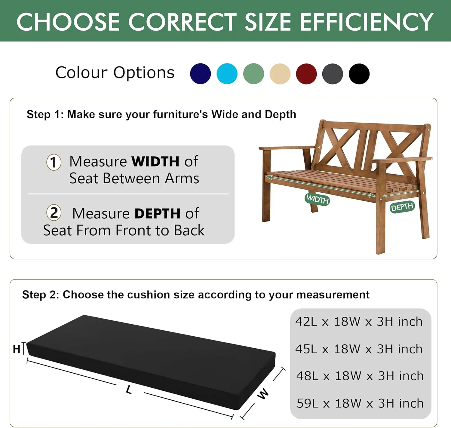 Outdoor Bench Cushion: Waterproof and Fade Resistant Patio Furniture Cushions - Non-Slip Bench Pad Cushion with Removable Cover for Garden Swing Porch Sofa Settee, 48 x 18 x 3 Inch, Black