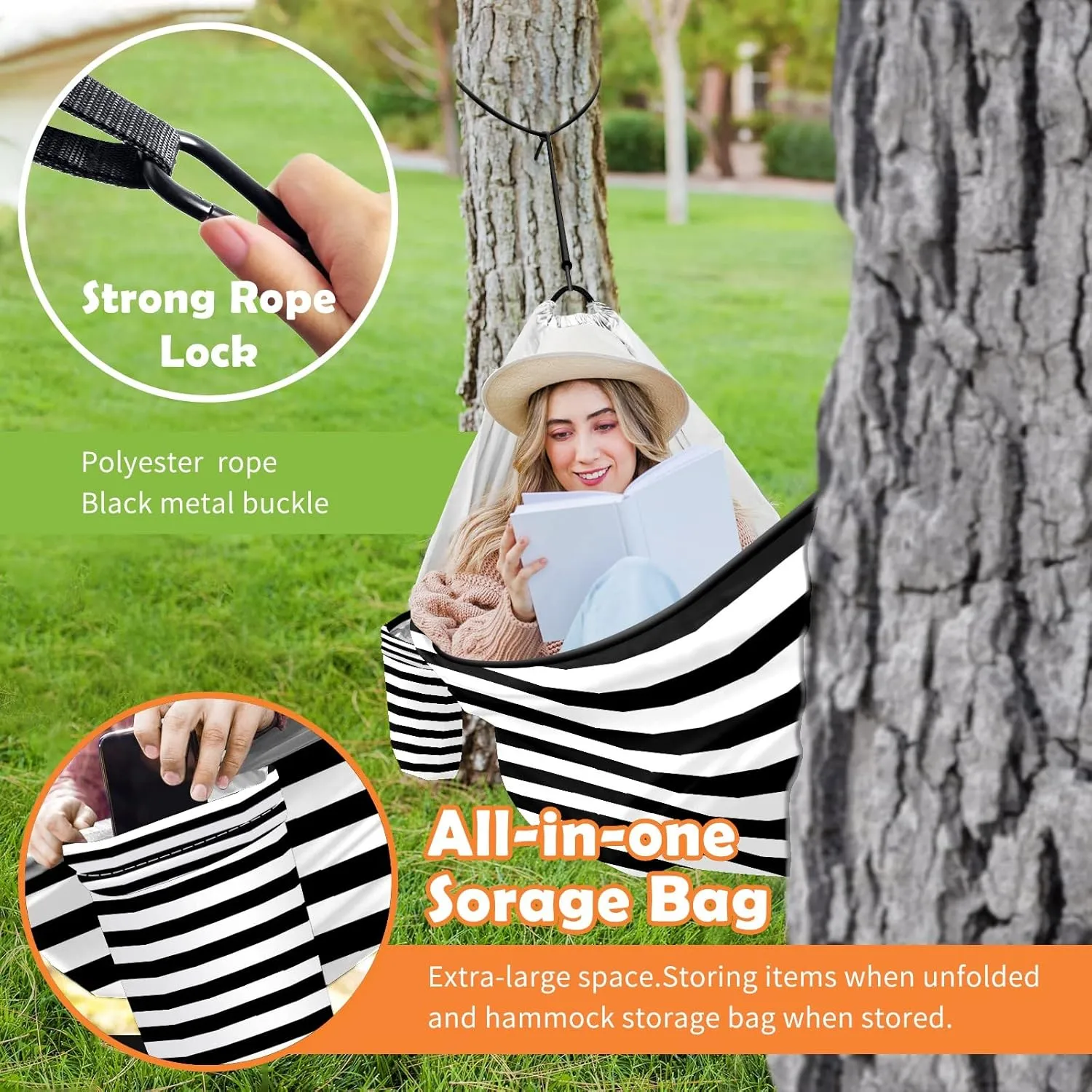 Outdoor Camping Hammock Black and White Stripe Double & Single Hammocks with 2 Tree Straps, Lightweight & Portable Heavy Duty Nylon Hammocks for Backpacking, Travel, Beach, Backyard, Patio, Hiking