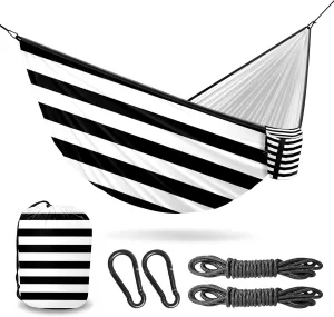Outdoor Camping Hammock Black and White Stripe Double & Single Hammocks with 2 Tree Straps, Lightweight & Portable Heavy Duty Nylon Hammocks for Backpacking, Travel, Beach, Backyard, Patio, Hiking