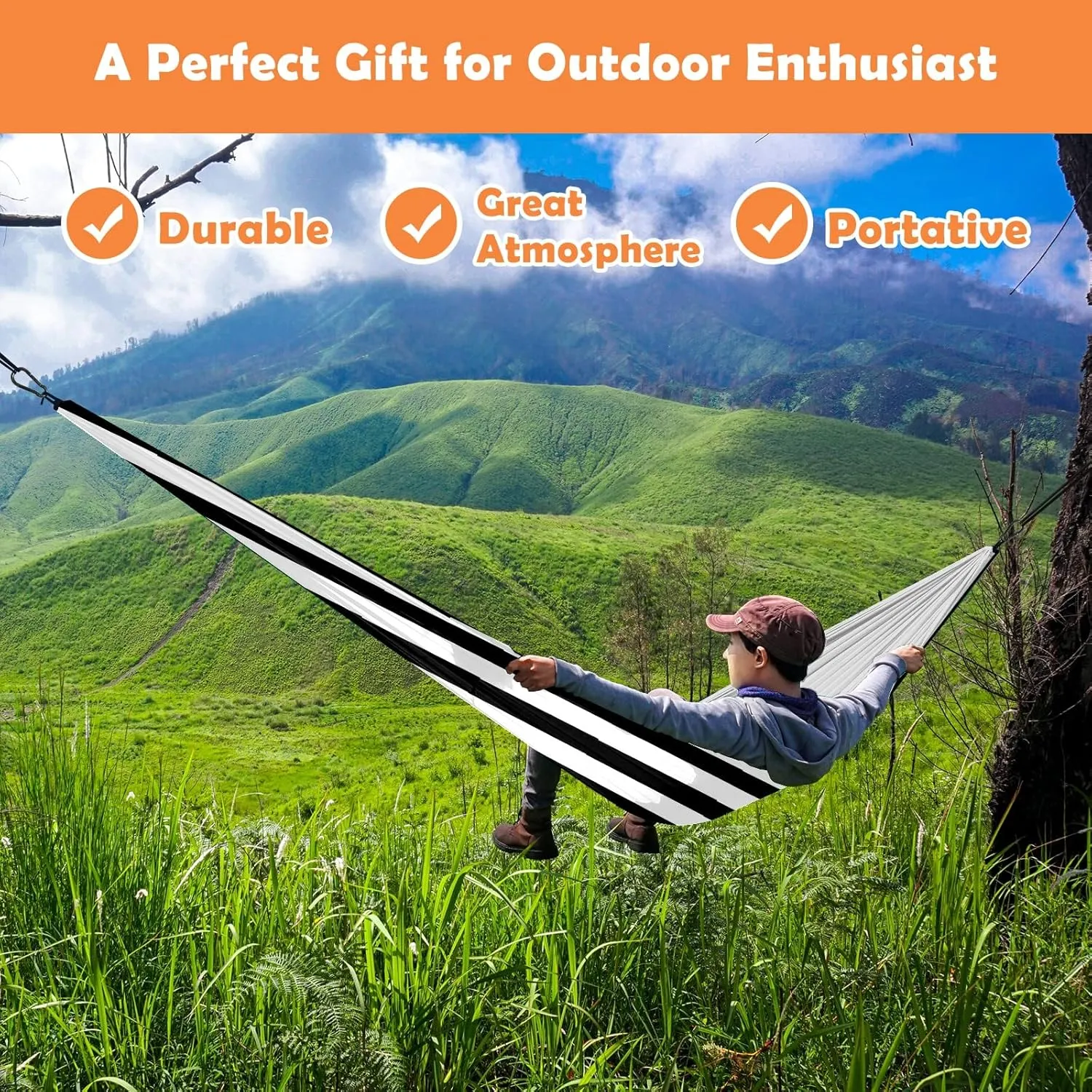 Outdoor Camping Hammock Black and White Stripe Double & Single Hammocks with 2 Tree Straps, Lightweight & Portable Heavy Duty Nylon Hammocks for Backpacking, Travel, Beach, Backyard, Patio, Hiking