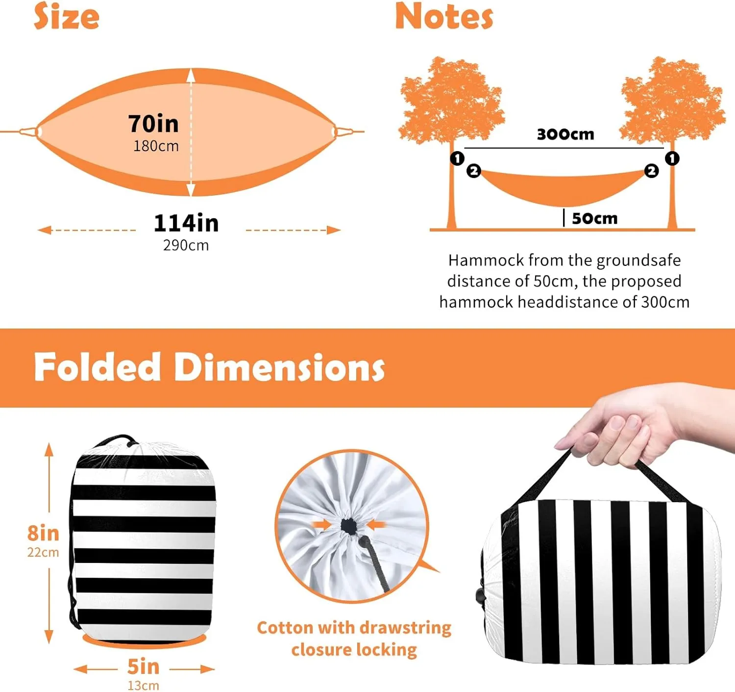Outdoor Camping Hammock Black and White Stripe Double & Single Hammocks with 2 Tree Straps, Lightweight & Portable Heavy Duty Nylon Hammocks for Backpacking, Travel, Beach, Backyard, Patio, Hiking