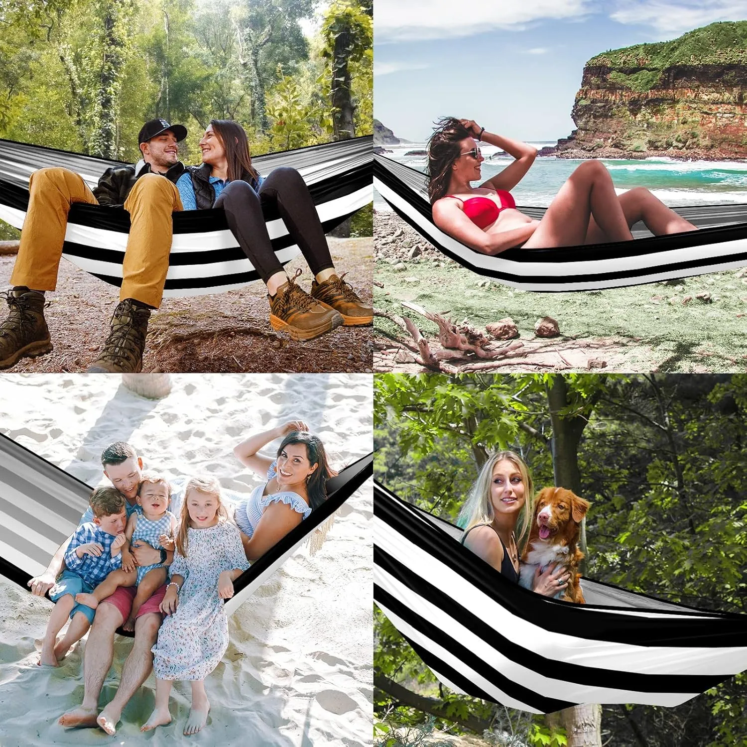 Outdoor Camping Hammock Black and White Stripe Double & Single Hammocks with 2 Tree Straps, Lightweight & Portable Heavy Duty Nylon Hammocks for Backpacking, Travel, Beach, Backyard, Patio, Hiking