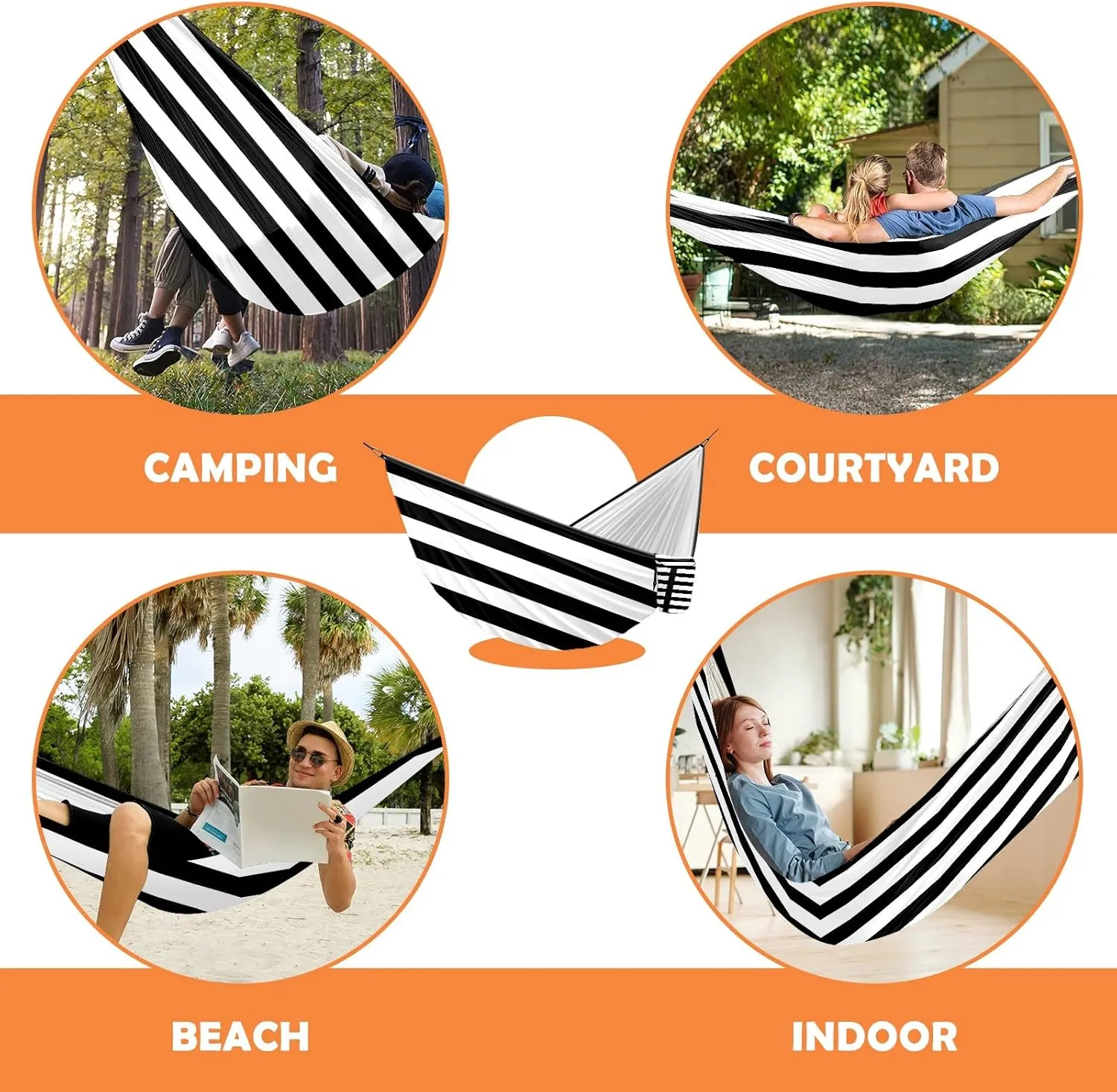 Outdoor Camping Hammock Black and White Stripe Double & Single Hammocks with 2 Tree Straps, Lightweight & Portable Heavy Duty Nylon Hammocks for Backpacking, Travel, Beach, Backyard, Patio, Hiking