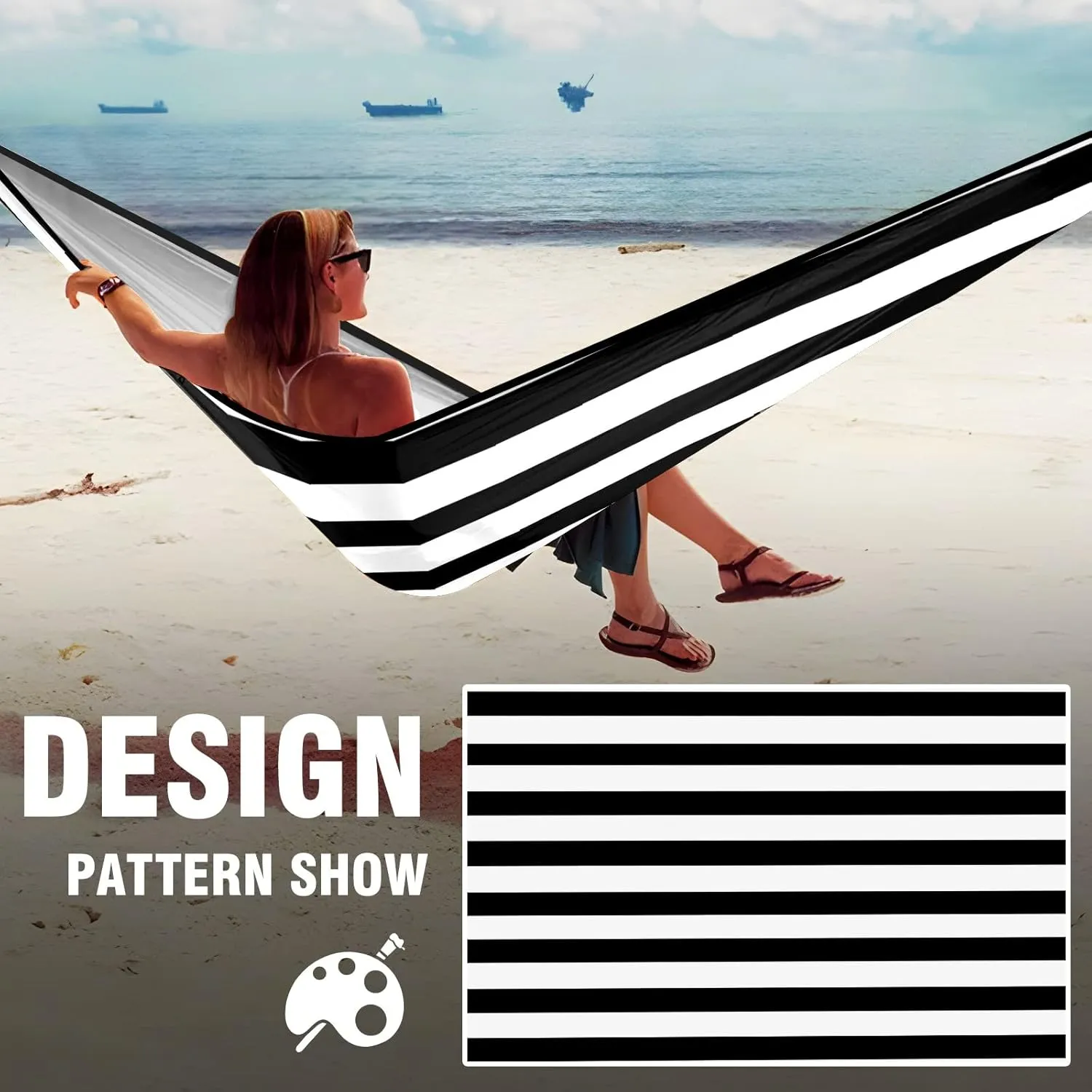 Outdoor Camping Hammock Black and White Stripe Double & Single Hammocks with 2 Tree Straps, Lightweight & Portable Heavy Duty Nylon Hammocks for Backpacking, Travel, Beach, Backyard, Patio, Hiking