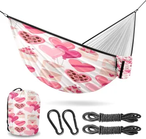 Outdoor Camping Hammock Valentine's Day Pink Double Single Hammocks with 2 Tree Straps, Lightweight Portable Heavy Duty Nylon Hammocks for Backpacking Travel Beach Backyard Patio Hiking