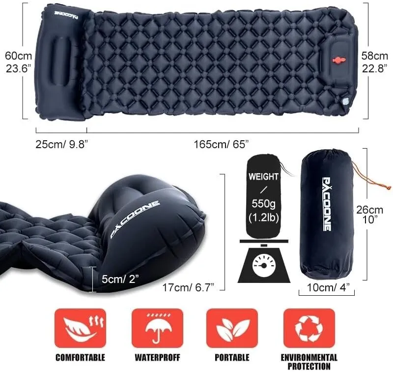 Outdoor Camping Inflatable Mattress Sleeping Pad with Pillows Ultralight Air Mat Built in Inflator Pump Hiking (Dark Blue)