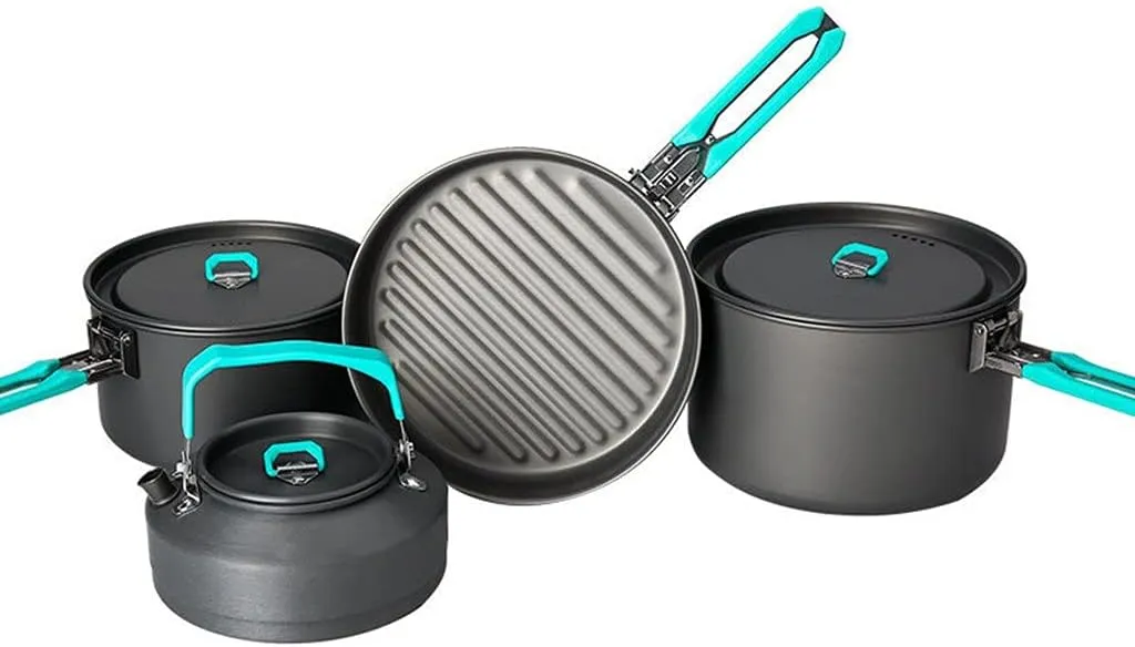 Outdoor Camping Tableware Set Backpacking Picnic 2 Pot 1 Frypan 1 Kettle Alumina Cookware Folding Cooking Set