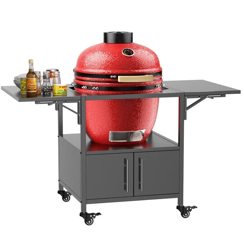 Outdoor Grill Table for Big Green Egg Style BBQ, Metal Grill Cart with 2 Folding Panels - 59.3"L