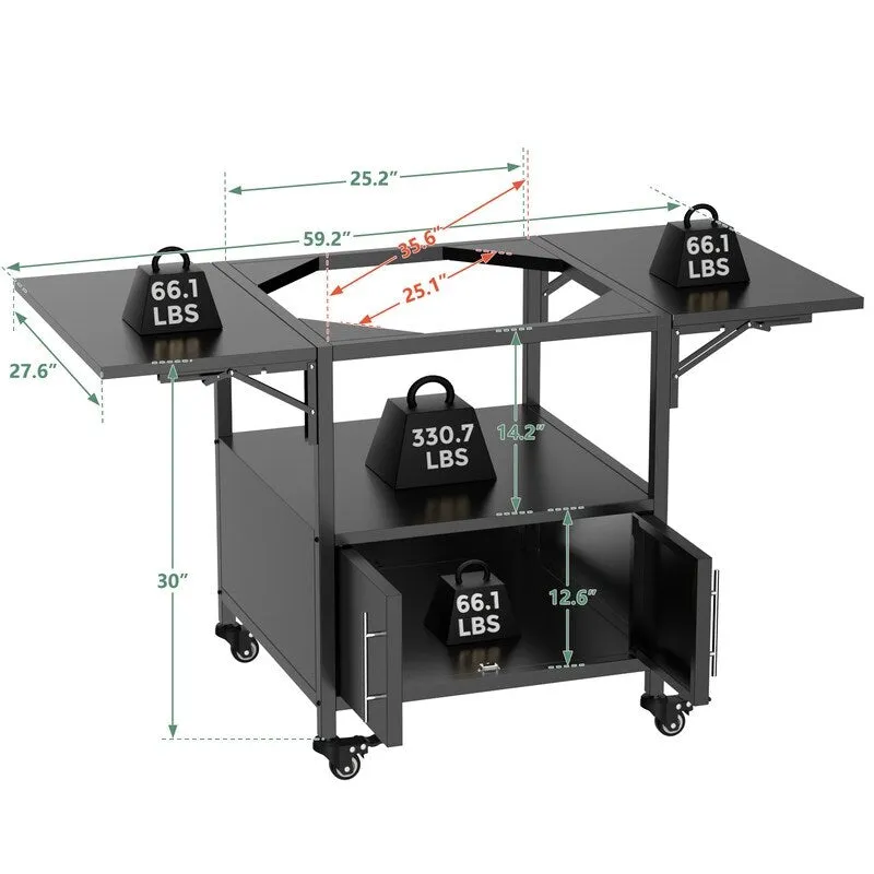 Outdoor Grill Table for Big Green Egg Style BBQ, Metal Grill Cart with 2 Folding Panels - 59.3"L
