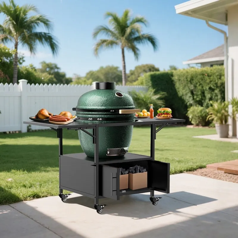 Outdoor Grill Table for Big Green Egg Style BBQ, Metal Grill Cart with 2 Folding Panels - 59.3"L