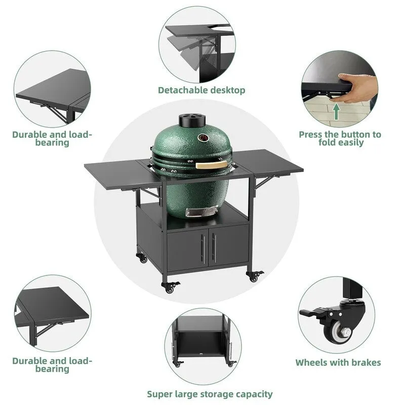 Outdoor Grill Table for Big Green Egg Style BBQ, Metal Grill Cart with 2 Folding Panels - 59.3"L