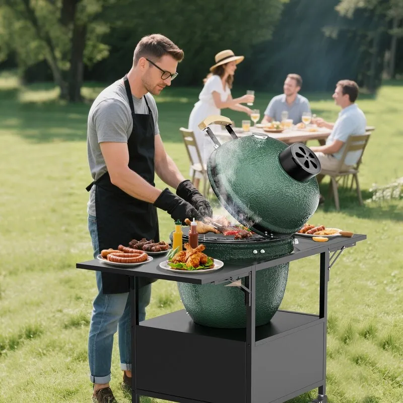 Outdoor Grill Table for Big Green Egg Style BBQ, Metal Grill Cart with 2 Folding Panels - 59.3"L