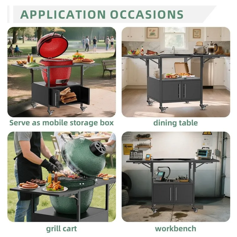 Outdoor Grill Table for Big Green Egg Style BBQ, Metal Grill Cart with 2 Folding Panels - 59.3"L