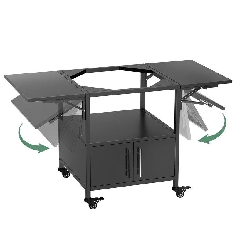 Outdoor Grill Table for Big Green Egg Style BBQ, Metal Grill Cart with 2 Folding Panels - 59.3"L