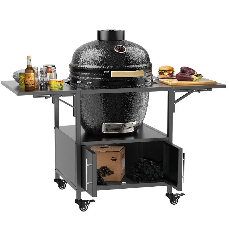 Outdoor Grill Table for Big Green Egg Style BBQ, Metal Grill Cart with 2 Folding Panels - 59.3"L