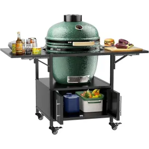 Outdoor Grill Table for Big Green Egg Style BBQ, Metal Grill Cart with 2 Folding Panels - 59.3"L